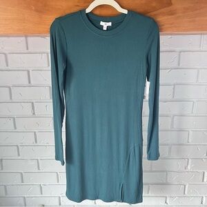 B.P. Fitted Slit Long Sleeve Rib Mini Dress, Teal, Size Small S NWT